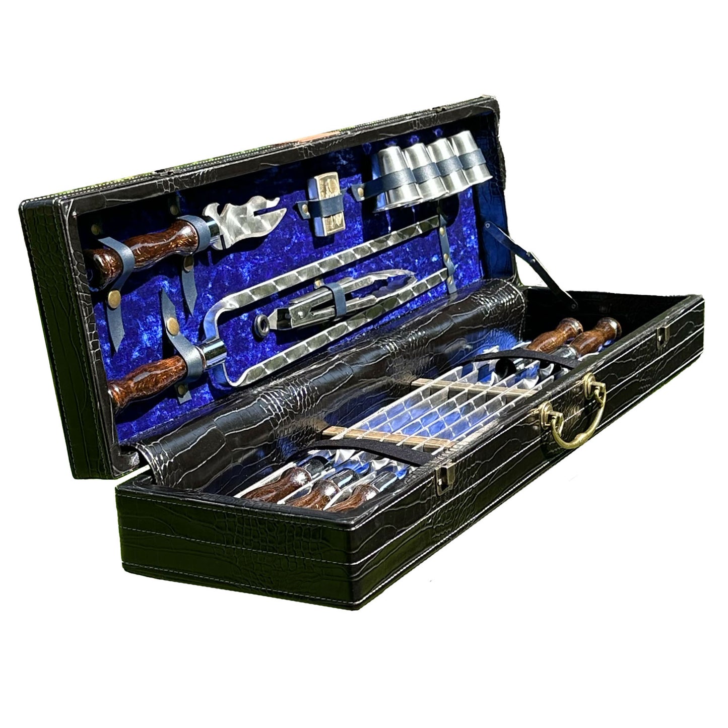 BBQ Grill Geschenkset im Koffer für Männer – Exklusives Grillzubehör Set mit Spießen, Messer, Schnapsgläsern, Grillzange, Feuerzeug & Metallgrill – Outdoor Grillset für Camping & Garten