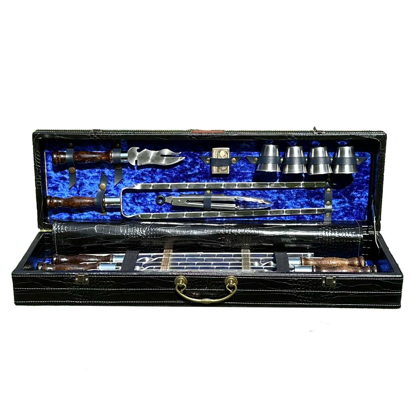 BBQ Grill Geschenkset im Koffer für Männer – Exklusives Grillzubehör Set mit Spießen, Messer, Schnapsgläsern, Grillzange, Feuerzeug & Metallgrill – Outdoor Grillset für Camping & Garten