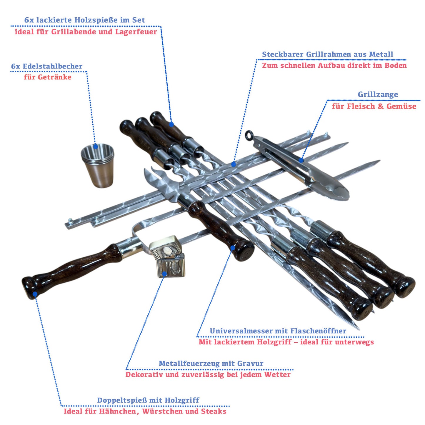BBQ Grill Geschenkset im Koffer für Männer – Exklusives Grillzubehör Set mit Spießen, Messer, Schnapsgläsern, Grillzange, Feuerzeug & Metallgrill – Outdoor Grillset für Camping & Garten