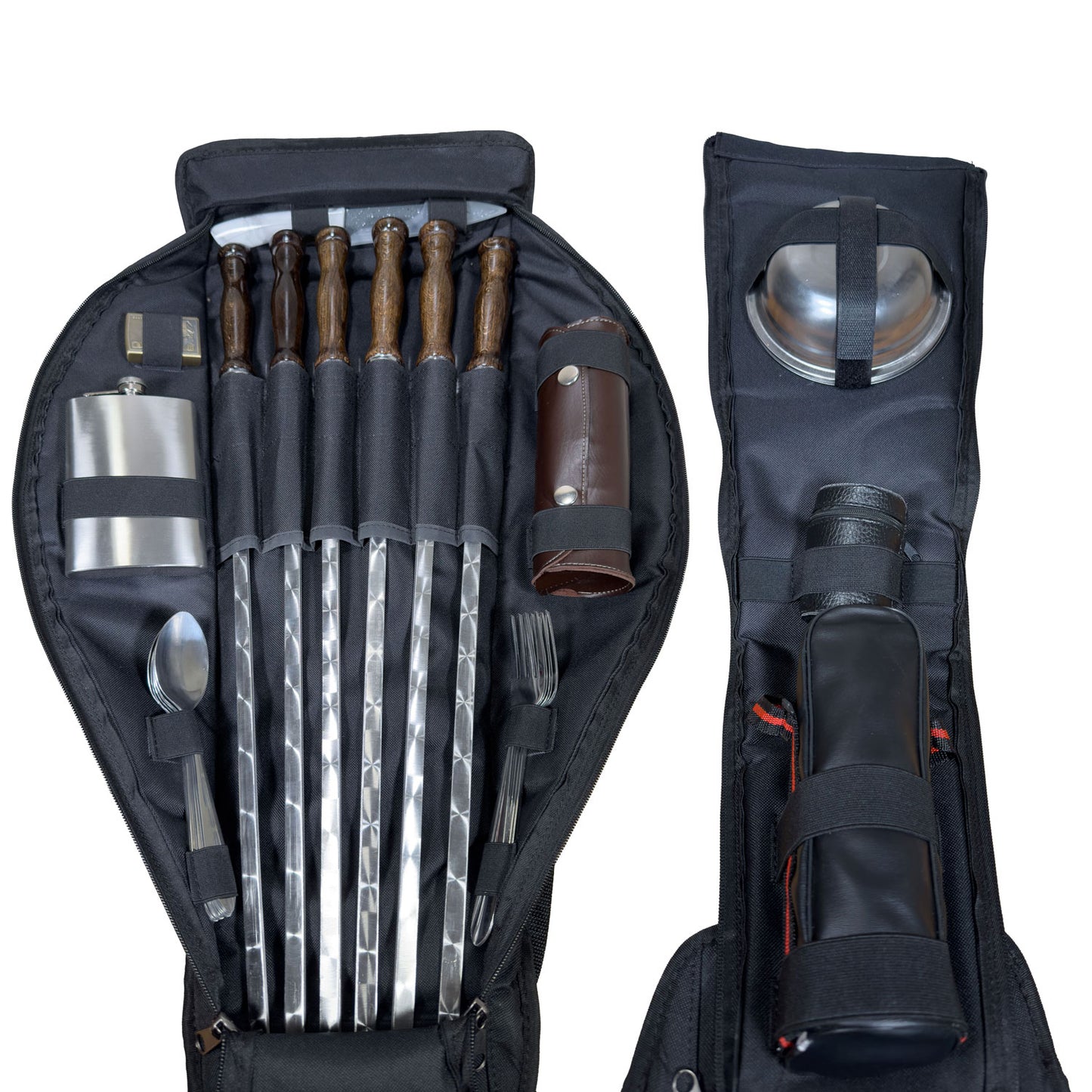 Camping Geschirr Set im Rucksack für 6 Personen – Outdoor Picknick Set mit Besteck, Tellern, Bechern, Thermoskanne, Holzspießen, Keramikmesser & Feuerzeug – Ideal für Wandern, Fahrradtouren, Urlaub