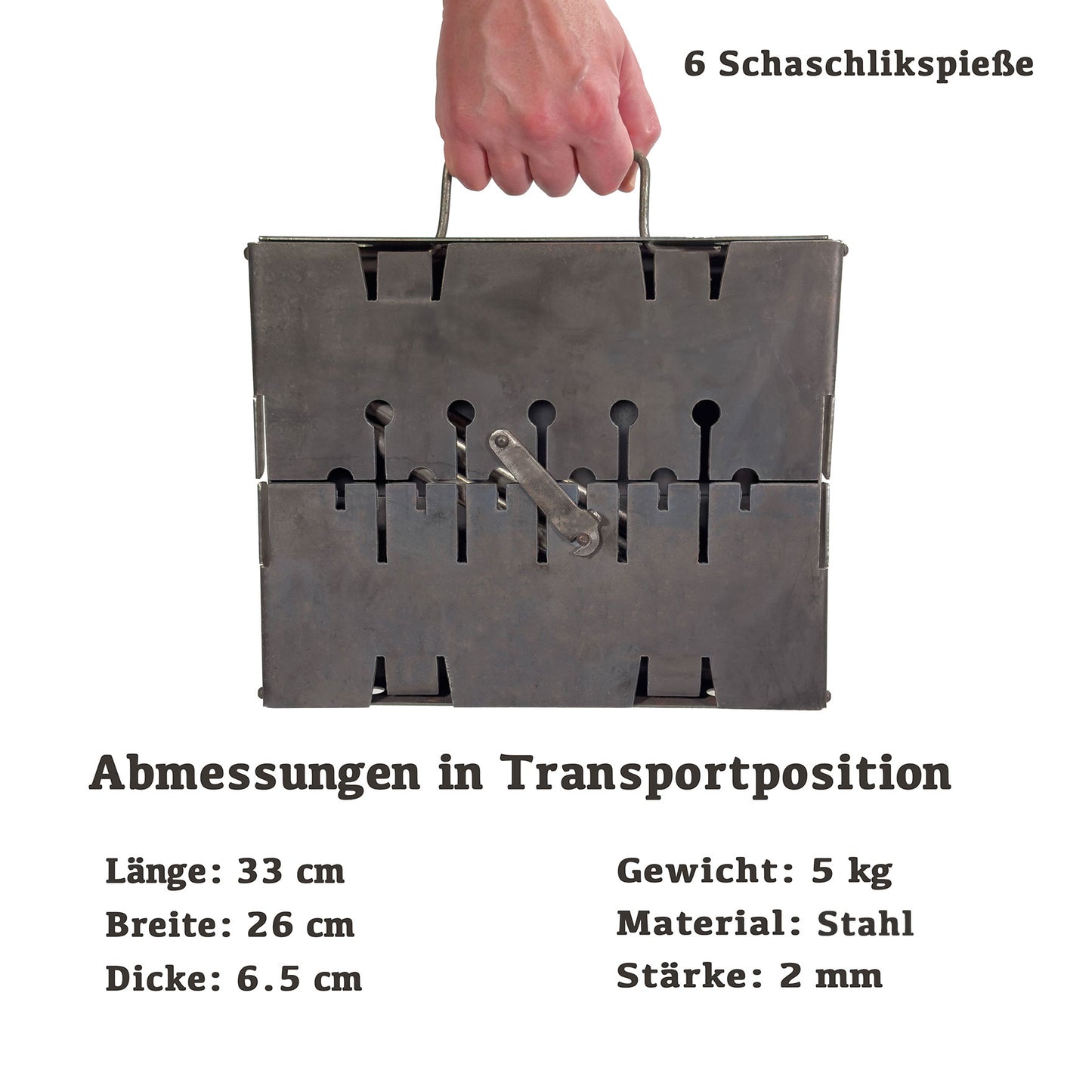 GOROCH Mangal Holzkohlegrill – Tragbarer Schaschlik Grillkoffer aus 2 mm Stahl für 6-Spieße, faltbar für Camping, Garten & Outdoor BBQ