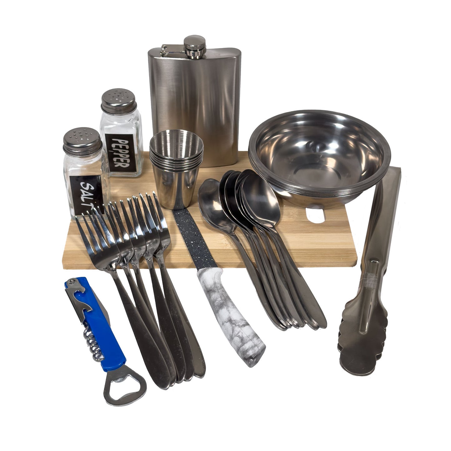 BBQ Camping Geschirr Set 6 Personen – Komplettes Outdoor Kochgeschirr mit Besteck, Tellern, Bechern, Flachmann & Grillzange – Ideales Reise-Set für Camping, Fahrrad-Touren, Urlaub & Picknick