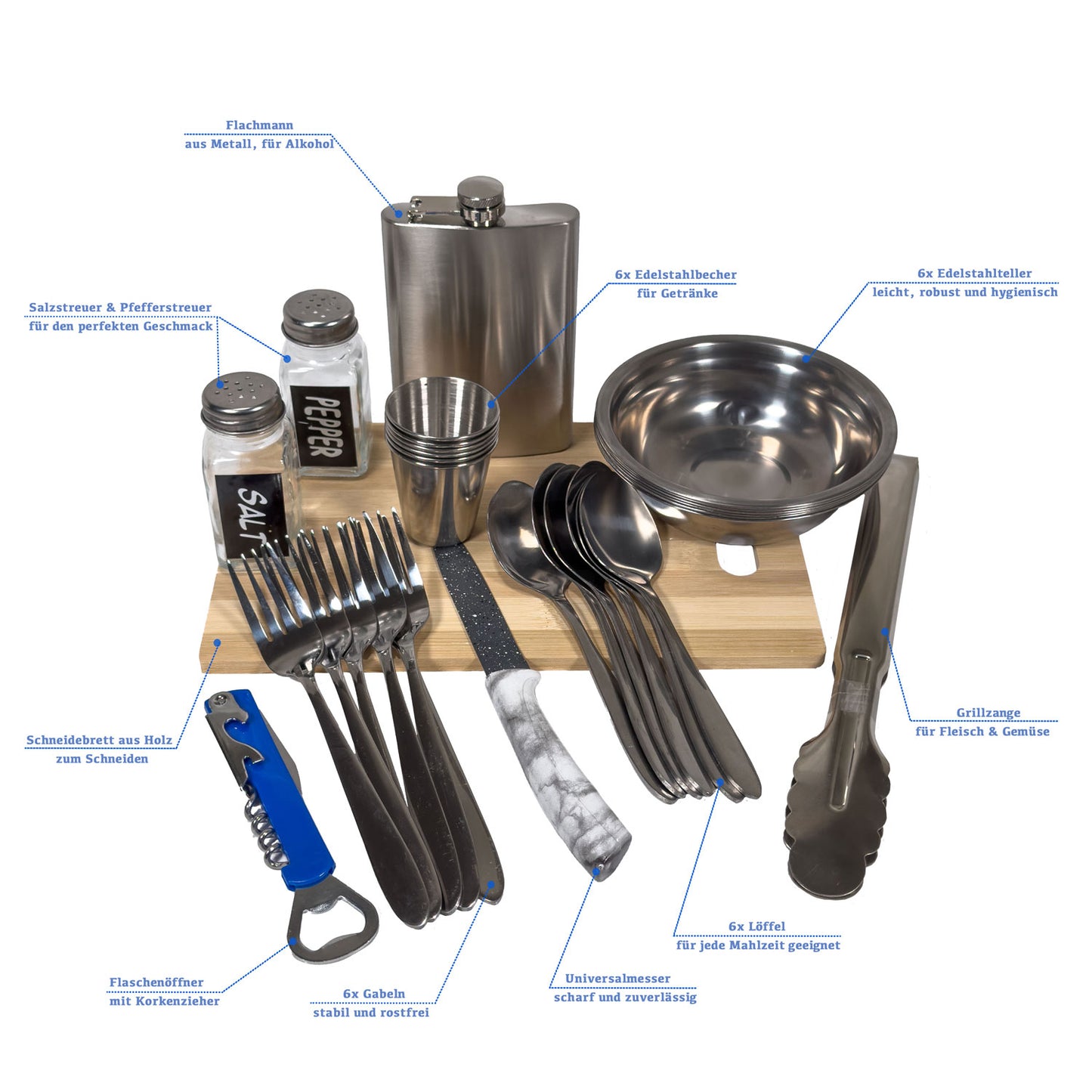 BBQ Camping Geschirr Set 6 Personen – Komplettes Outdoor Kochgeschirr mit Besteck, Tellern, Bechern, Flachmann & Grillzange – Ideales Reise-Set für Camping, Fahrrad-Touren, Urlaub & Picknick
