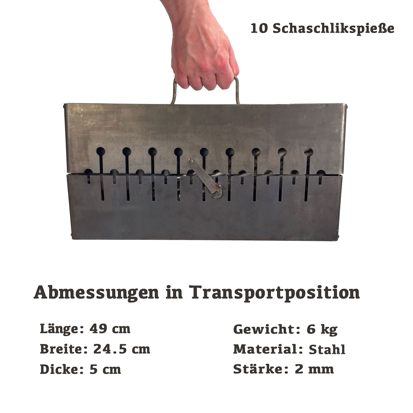 GOROCH Mangal Holzkohlegrill – Tragbarer Schaschlik Grillkoffer aus 2 mm Stahl für 10-Spieße, faltbar für Camping, Garten & Outdoor BBQ