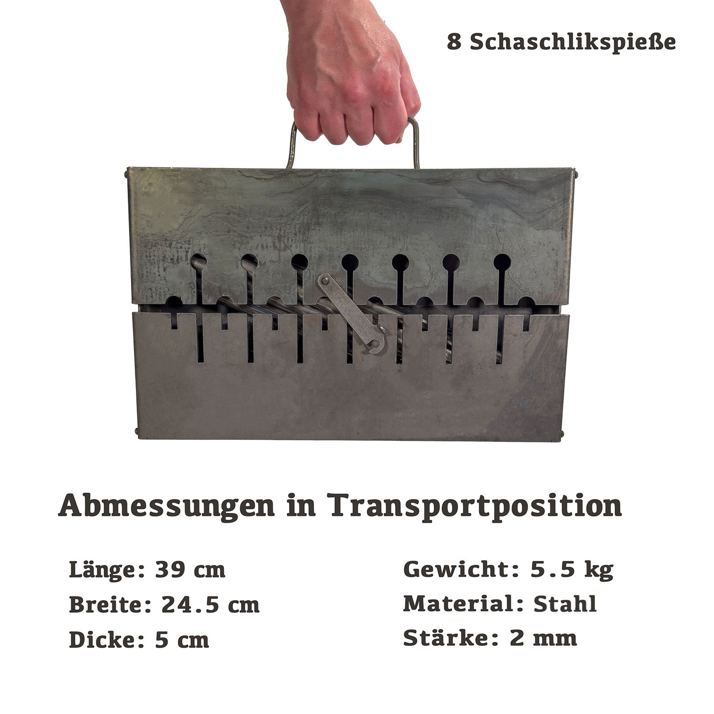 GOROCH Mangal Holzkohlegrill – Tragbarer Schaschlik Grillkoffer aus 2 mm Stahl für 8-Spieße, faltbar für Camping, Garten & Outdoor BBQ
