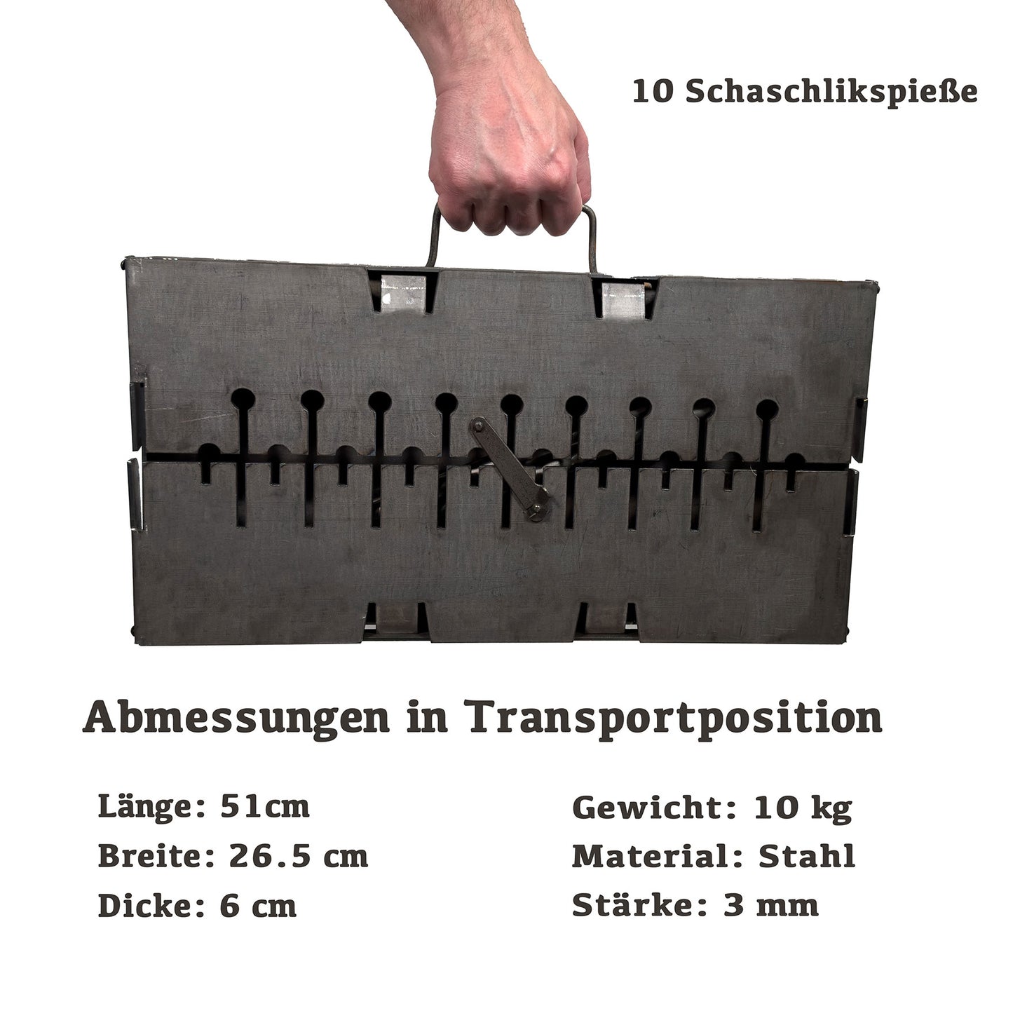 GOROCH Mangal Holzkohlegrill – Tragbarer Schaschlik Grillkoffer aus 3 mm Stahl für 10-Spieße, faltbar für Camping, Garten & Outdoor BBQ
