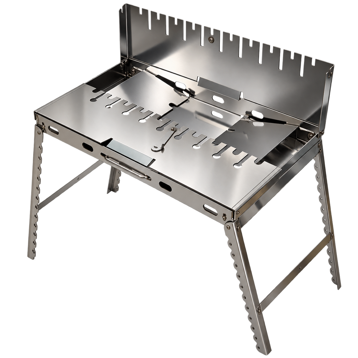 GOROCH Mangal Grill für 10 Spieße - Klappbarer Schaschlikgrill aus 2 mm Edelstahl mit Faltbeinen, Camping & Outdoor Grill
