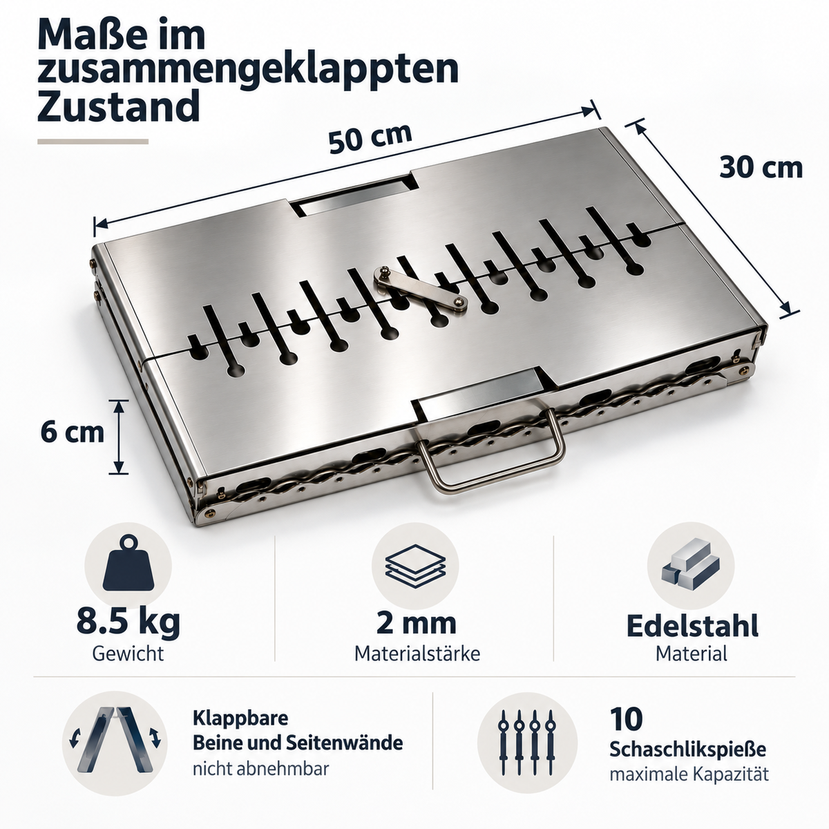 GOROCH Mangal Grill für 10 Spieße - Klappbarer Schaschlikgrill aus 2 mm Edelstahl mit Faltbeinen, Camping & Outdoor Grill