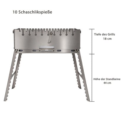 GOROCH Mangal Grill für 10 Spieße - Klappbarer Schaschlikgrill aus 2 mm Edelstahl mit Faltbeinen, Camping & Outdoor Grill