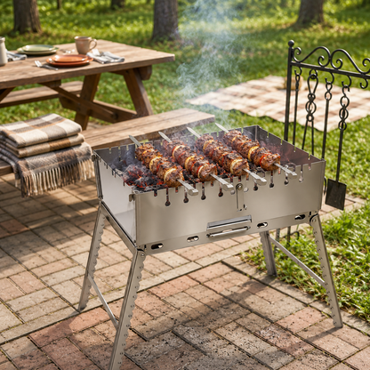 GOROCH Mangal Grill für 10 Spieße - Klappbarer Schaschlikgrill aus 2 mm Edelstahl mit Faltbeinen, Camping & Outdoor Grill