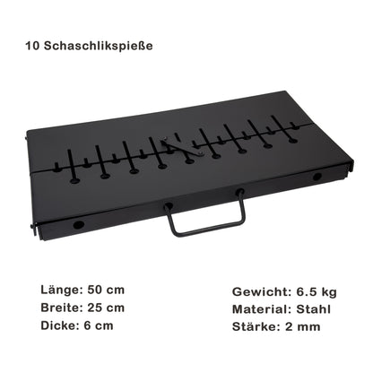 GOROCH Mangal Grill für 10 Spieße - Klappbarer Schaschlikgrill aus 2 mm Stahl, leichter Holzkohlegrill für Camping & Outdoor - Black Edition