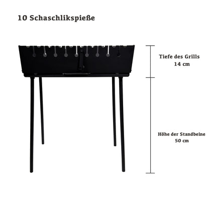 GOROCH Mangal Grill für 10 Spieße - Klappbarer Schaschlikgrill aus 2 mm Stahl, leichter Holzkohlegrill für Camping & Outdoor - Black Edition