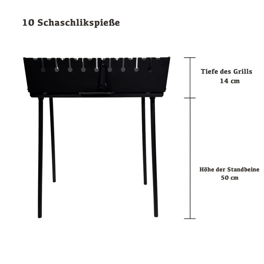 GOROCH Mangal Grill für 10 Spieße - Klappbarer Schaschlikgrill aus 2 mm Stahl, leichter Holzkohlegrill für Camping & Outdoor - Black Edition