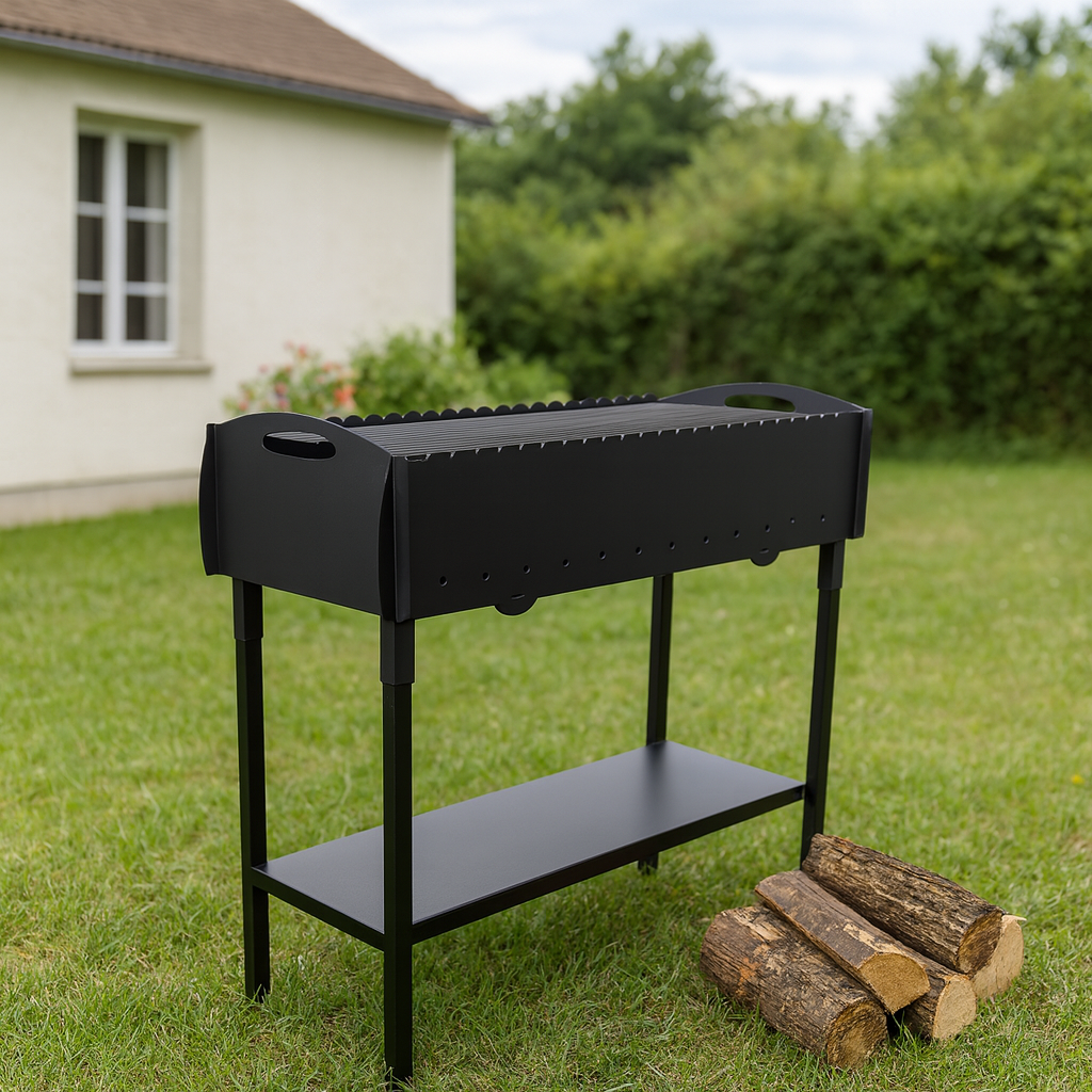 GOROCH Gartengrill | Schaschlikgrill für 21 Spieße – Massiver Holzkohlegrill aus 3 mm Stahl, zerlegbar & kompakt verstaubar, stationärer Metallgrill für Garten, Terrasse & Outdoor BBQ