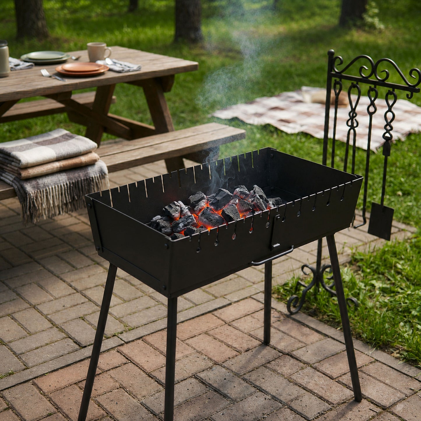 GOROCH Mangal Grill für 10 Spieße - Klappbarer Schaschlikgrill aus 2 mm Stahl, leichter Holzkohlegrill für Camping & Outdoor - Black Edition