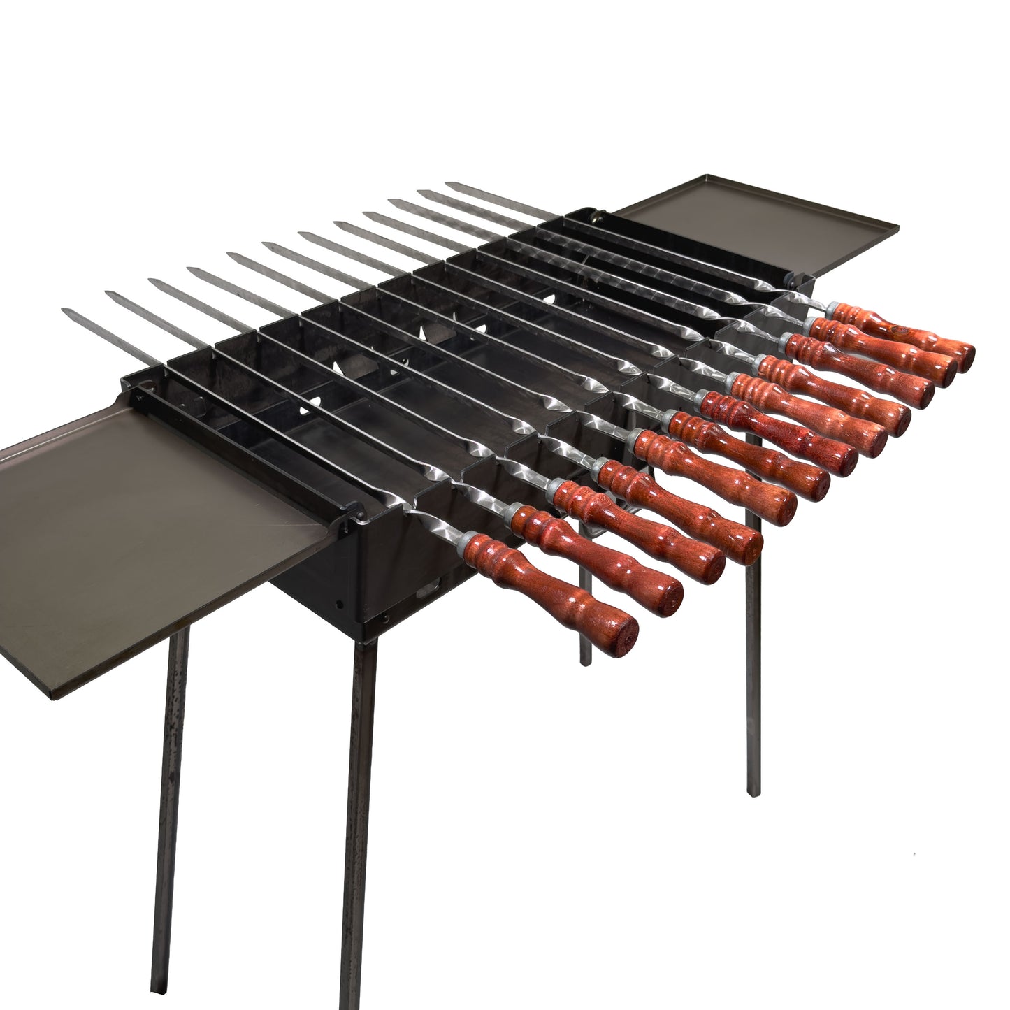 GOROCH Klappbarer Mangal Grill Stahl 3 mm für 9 Spieße mit 2 Seitentischen – stabil und ideal für Garten & BBQ