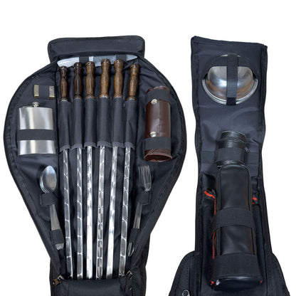Camping Geschirr Set im Rucksack für 6 Personen – Outdoor Picknick Set mit Besteck, Tellern, Bechern, Thermoskanne, Holzspießen, Keramikmesser & Feuerzeug – Ideal für Wandern, Fahrradtouren, Urlaub