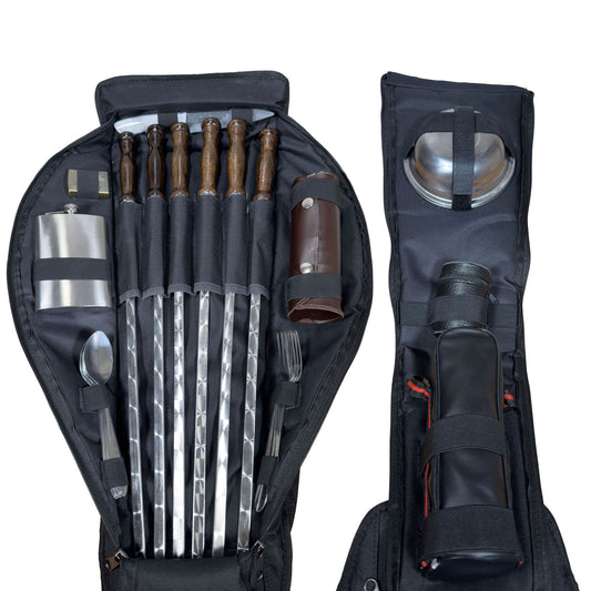 Camping Geschirr Set im Rucksack für 6 Personen – Outdoor Picknick Set mit Besteck, Tellern, Bechern, Thermoskanne, Holzspießen, Keramikmesser & Feuerzeug – Ideal für Wandern, Fahrradtouren, Urlaub