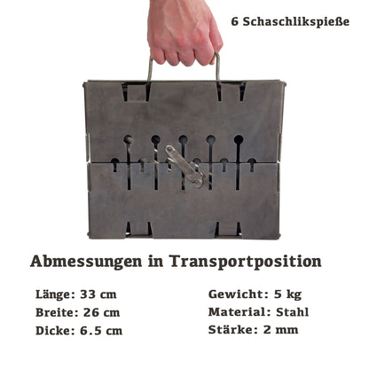 GOROCH Mangal Holzkohlegrill – Tragbarer Schaschlik Grillkoffer aus 2 mm Stahl für 6-Spieße, faltbar für Camping, Garten & Outdoor BBQ