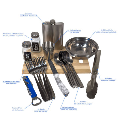 BBQ Camping Geschirr Set 6 Personen – Komplettes Outdoor Kochgeschirr mit Besteck, Tellern, Bechern, Flachmann & Grillzange – Ideales Reise-Set für Camping, Fahrrad-Touren, Urlaub & Picknick