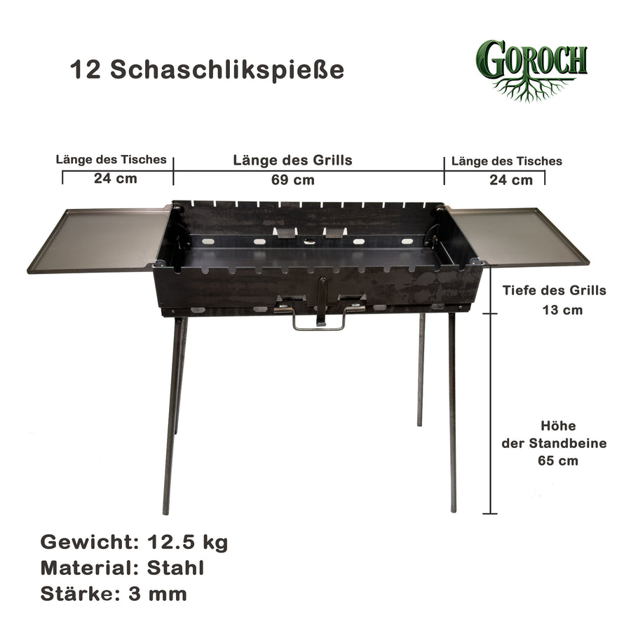 GOROCH Klappbarer Mangal Grill Stahl 3 mm für 9 Spieße mit 2 Seitentischen – stabil und ideal für Garten & BBQ