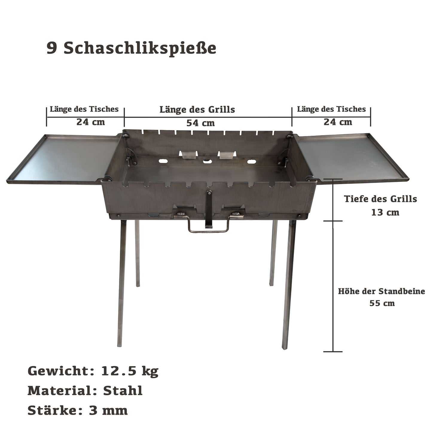 GOROCH Klappbarer Mangal Grill Stahl 3 mm für 9 Spieße mit 2 Seitentischen – stabil und ideal für Garten & BBQ