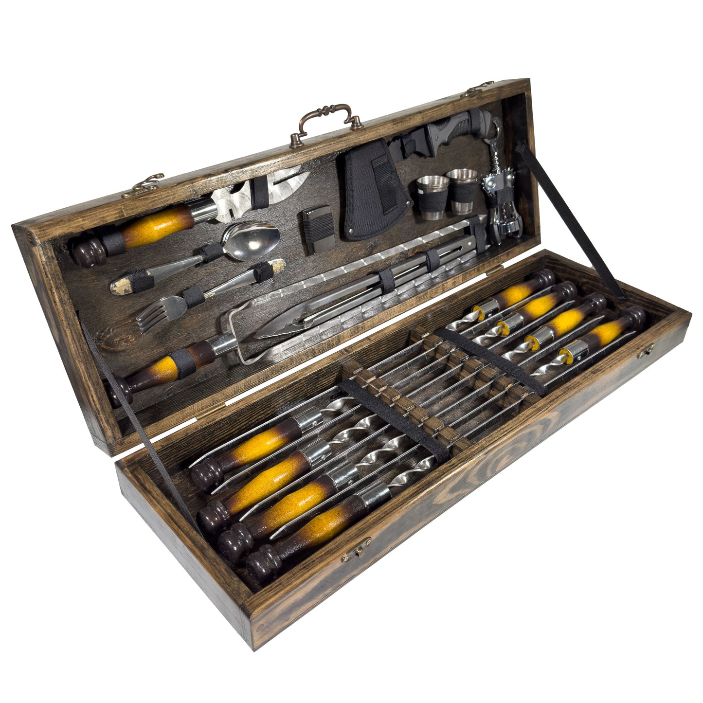 GOROCH BBQ Grill Geschenkset im Holzkoffer mit ukrainischer Symbolik – Premium Grillzubehör für Männer mit Edelstahlspießen, Grillzange, Messer, Schnapsgläsern, Feuerzeug & Fleischbeil – Outdoor Grill