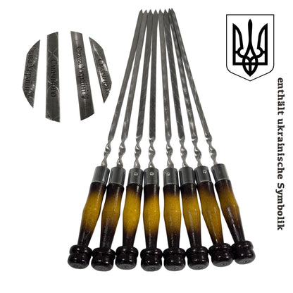 GOROCH BBQ Grill Geschenkset im Holzkoffer mit ukrainischer Symbolik – Premium Grillzubehör für Männer mit Edelstahlspießen, Grillzange, Messer, Schnapsgläsern, Feuerzeug & Fleischbeil – Outdoor Grill