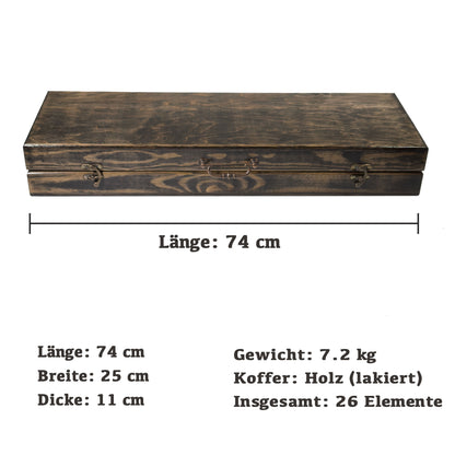 GOROCH BBQ Grill Geschenkset im Holzkoffer mit ukrainischer Symbolik – Premium Grillzubehör für Männer mit Edelstahlspießen, Grillzange, Messer, Schnapsgläsern, Feuerzeug & Fleischbeil – Outdoor Grill