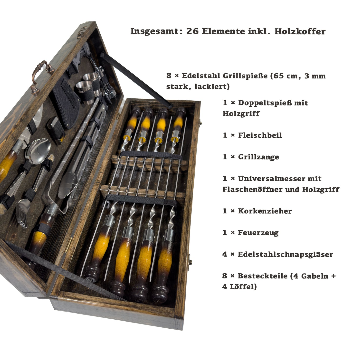 GOROCH BBQ Grill Geschenkset im Holzkoffer mit ukrainischer Symbolik – Premium Grillzubehör für Männer mit Edelstahlspießen, Grillzange, Messer, Schnapsgläsern, Feuerzeug & Fleischbeil – Outdoor Grill