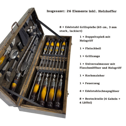 GOROCH BBQ Grill Geschenkset im Holzkoffer mit ukrainischer Symbolik – Premium Grillzubehör für Männer mit Edelstahlspießen, Grillzange, Messer, Schnapsgläsern, Feuerzeug & Fleischbeil – Outdoor Grill
