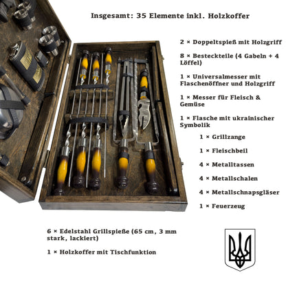 GOROCH BBQ Grill Geschenkset im Holzkoffer mit Tischfunktion & ukrainischer Symbolik – Premium Grillzubehör für Männer - Geschenk Flasche – Outdoor Grillset für Camping & Garten