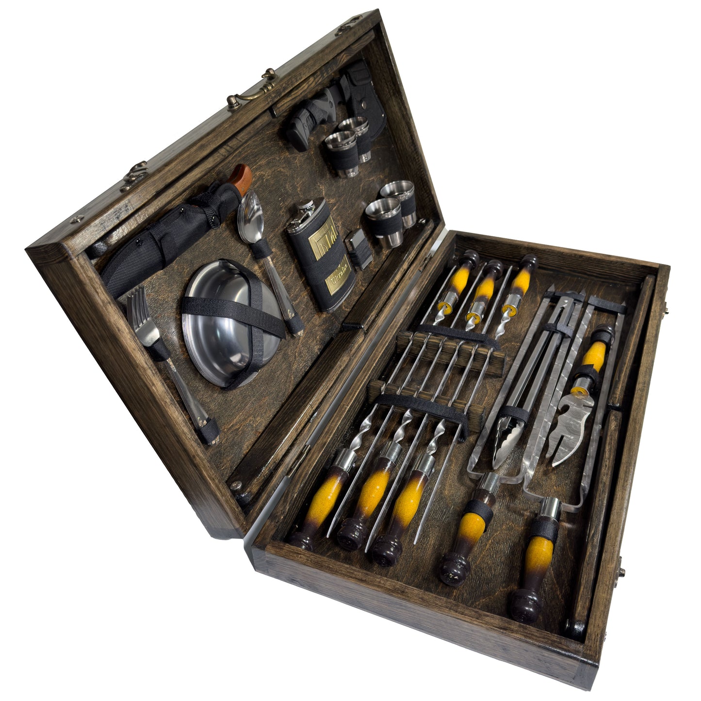 GOROCH BBQ Grill Geschenkset im Holzkoffer mit Tischfunktion & ukrainischer Symbolik – Premium Grillzubehör für Männer - Geschenk Flasche – Outdoor Grillset für Camping & Garten