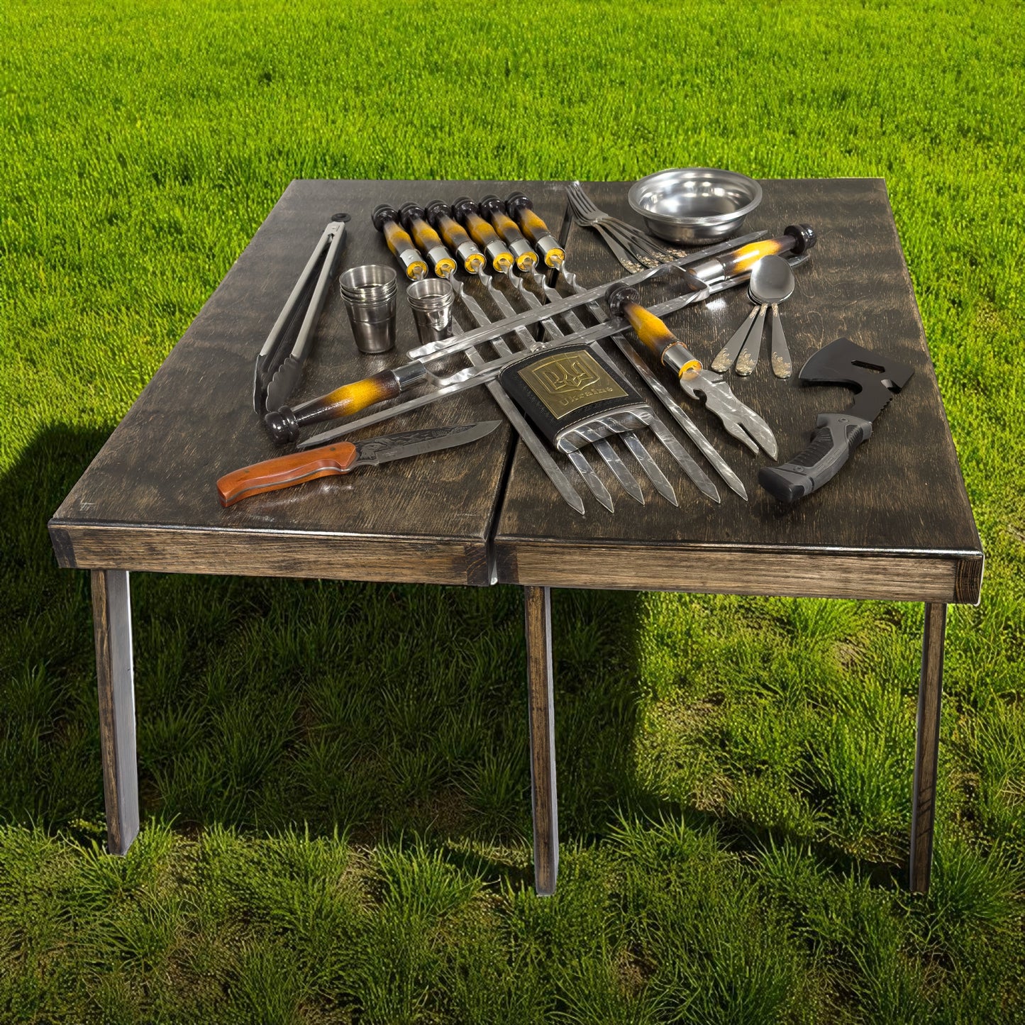 GOROCH BBQ Grill Geschenkset im Holzkoffer mit Tischfunktion & ukrainischer Symbolik – Premium Grillzubehör für Männer - Geschenk Flasche – Outdoor Grillset für Camping & Garten