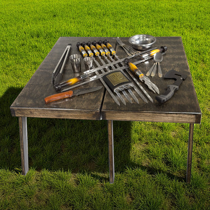 GOROCH BBQ Grill Geschenkset im Holzkoffer mit Tischfunktion & ukrainischer Symbolik – Premium Grillzubehör für Männer - Geschenk Flasche – Outdoor Grillset für Camping & Garten