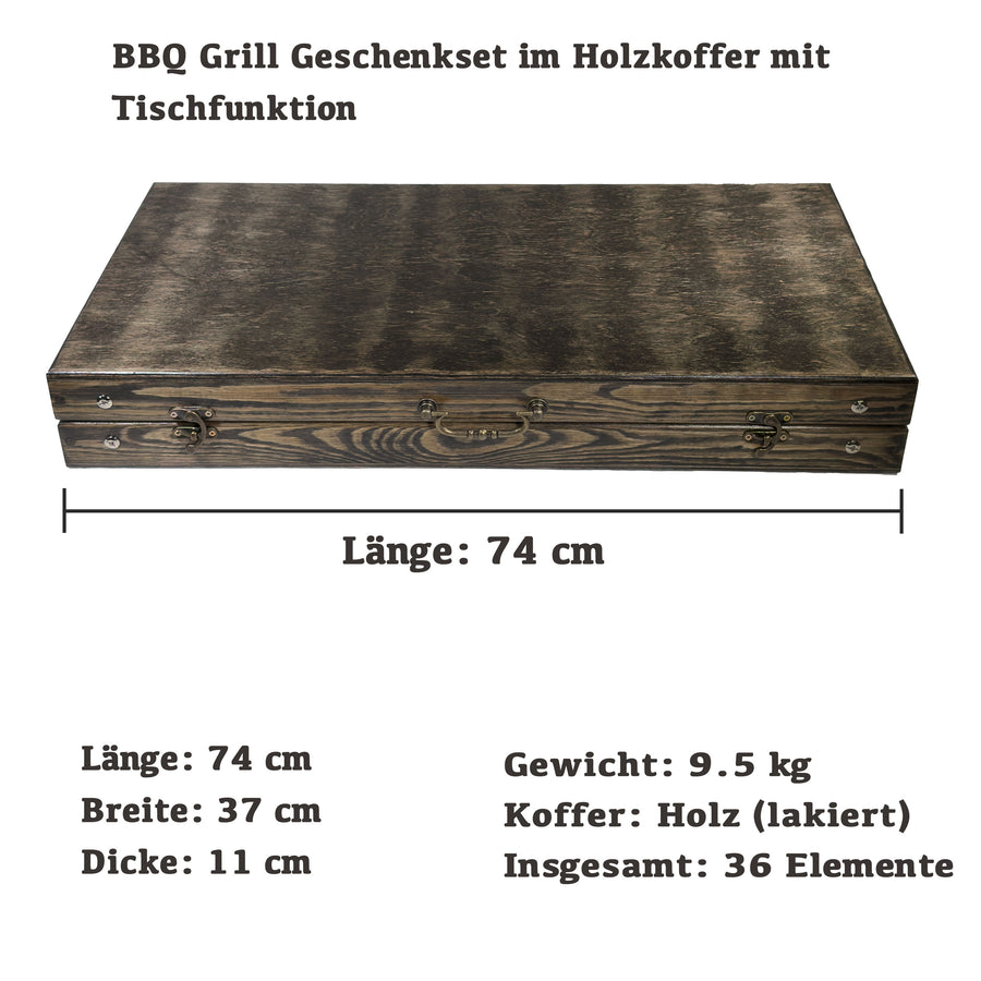 GOROCH Grill Geschenkset im Holzkoffer mit Tischfunktion – BBQ Set mit Spießen und Zubehör