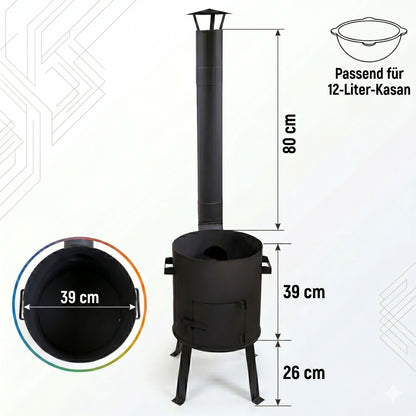 Kazanofen 12 Liter mit Schornstein – zerlegbarer Kesselofen für Garten, Camping & Outdoor Küche, mobil & kompakt verstaubar