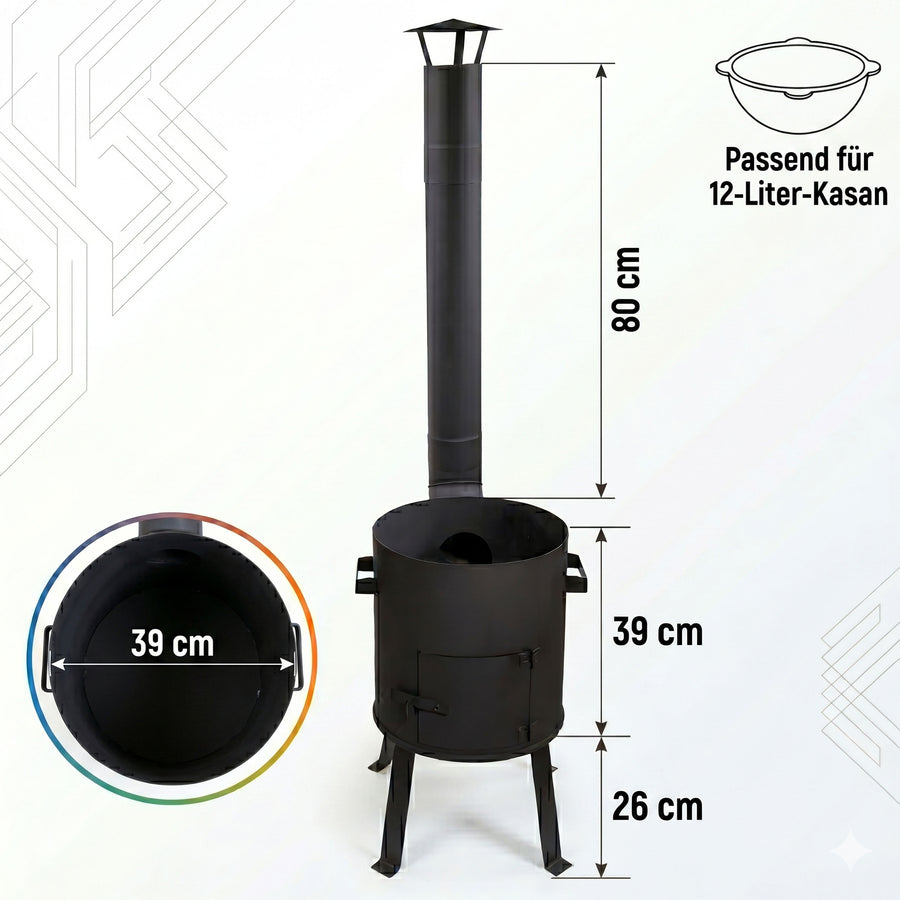 Kazanofen 12 Liter mit Schornstein – zerlegbarer Kesselofen für Garten, Camping & Outdoor Küche, mobil & kompakt verstaubar