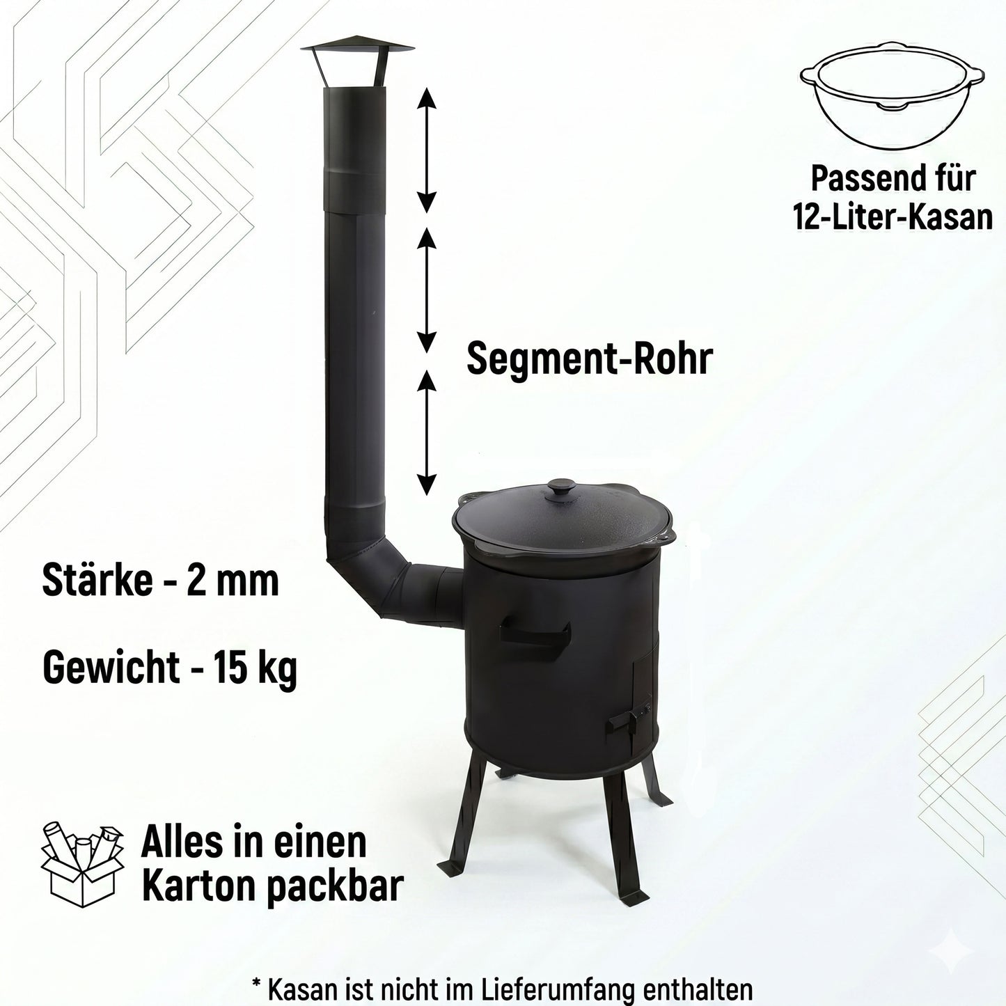 Kazanofen 12 Liter mit Schornstein – zerlegbarer Kesselofen für Garten, Camping & Outdoor Küche, mobil & kompakt verstaubar