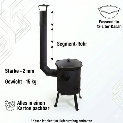 Kazanofen 12 Liter mit Schornstein – zerlegbarer Kesselofen für Garten, Camping & Outdoor Küche, mobil & kompakt verstaubar