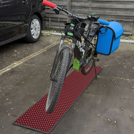 EVA Drive Fahrrad Unterlegmatte & Parkmatte 200 × 40 cm gegen Schmutz und Nässe - Bordeaux, schwarzer Rand