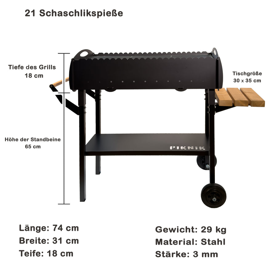 GOROCH Mobiler Schaschlikgrill Stahl 3 mm für 21 Spieße mit Rädern und Ablage – stabil und ideal für Garten, Events & BBQ