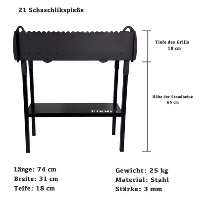 GOROCH Mangal Grill mit Grillrost für 21 Spieße – Massiver Schaschlikgrill aus 3 mm Stahl mit Ablage, Holzkohlegrill für Garten & Outdoor BBQ