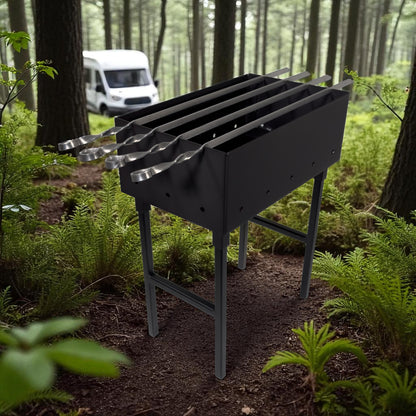 GOROCH Kompakter Schaschlikgrill für 4 Spieße – Mini Holzkohlegrill aus 2 mm Stahl, zerlegbar mit abnehmbaren Beinen, ideal für Picknick, Camping & Urlaub, hitzebeständig pulverbeschichtet
