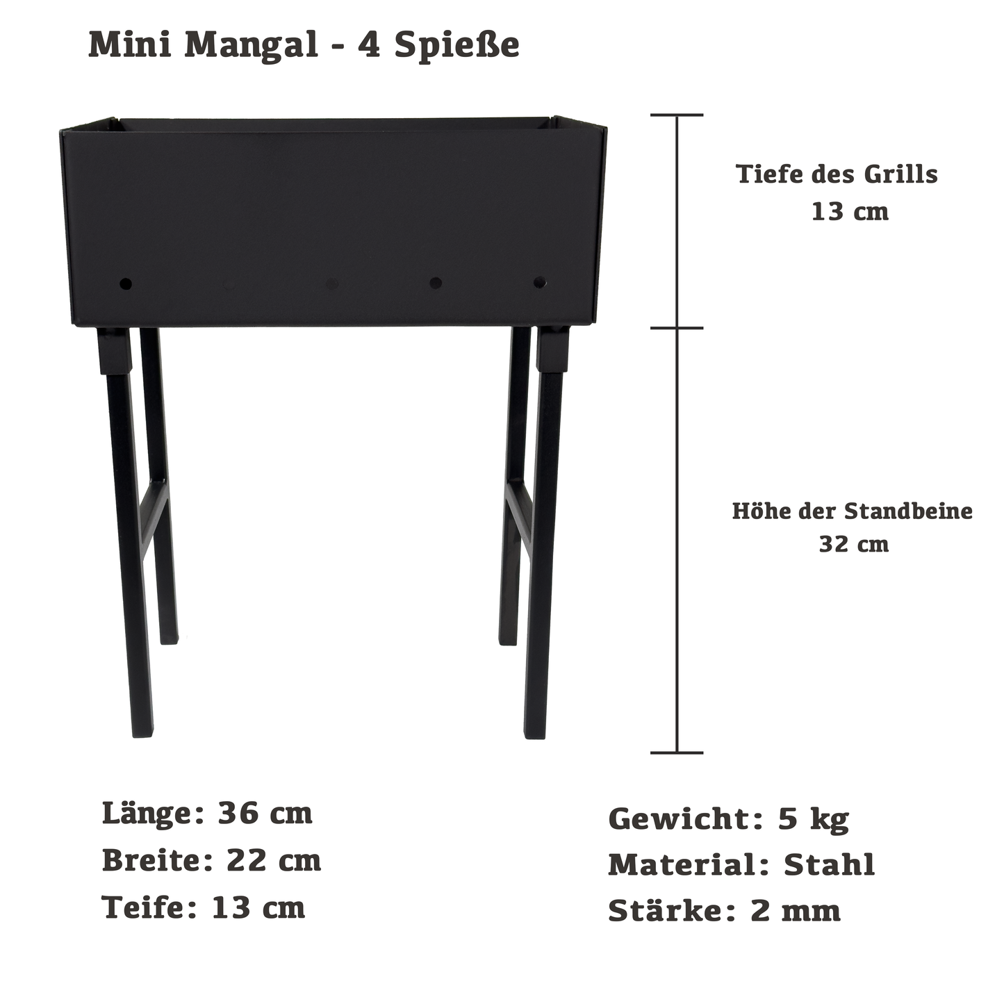 GOROCH Kompakter Schaschlikgrill für 4 Spieße – Mini Holzkohlegrill aus 2 mm Stahl, zerlegbar mit abnehmbaren Beinen, ideal für Picknick, Camping & Urlaub, hitzebeständig pulverbeschichtet