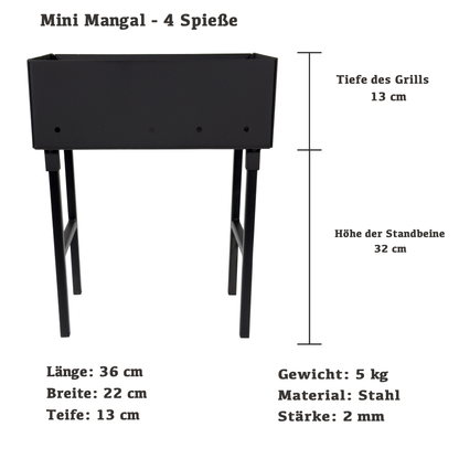 GOROCH Kompakter Schaschlikgrill für 4 Spieße – Mini Holzkohlegrill aus 2 mm Stahl, zerlegbar mit abnehmbaren Beinen, ideal für Picknick, Camping & Urlaub, hitzebeständig pulverbeschichtet