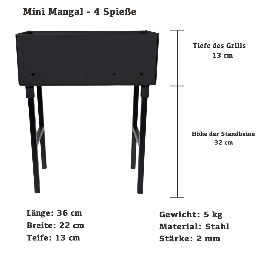GOROCH Kompakter Mangal Grill Stahl für 4 Spieße – mobil, stabil und ideal für Camping & Outdoor