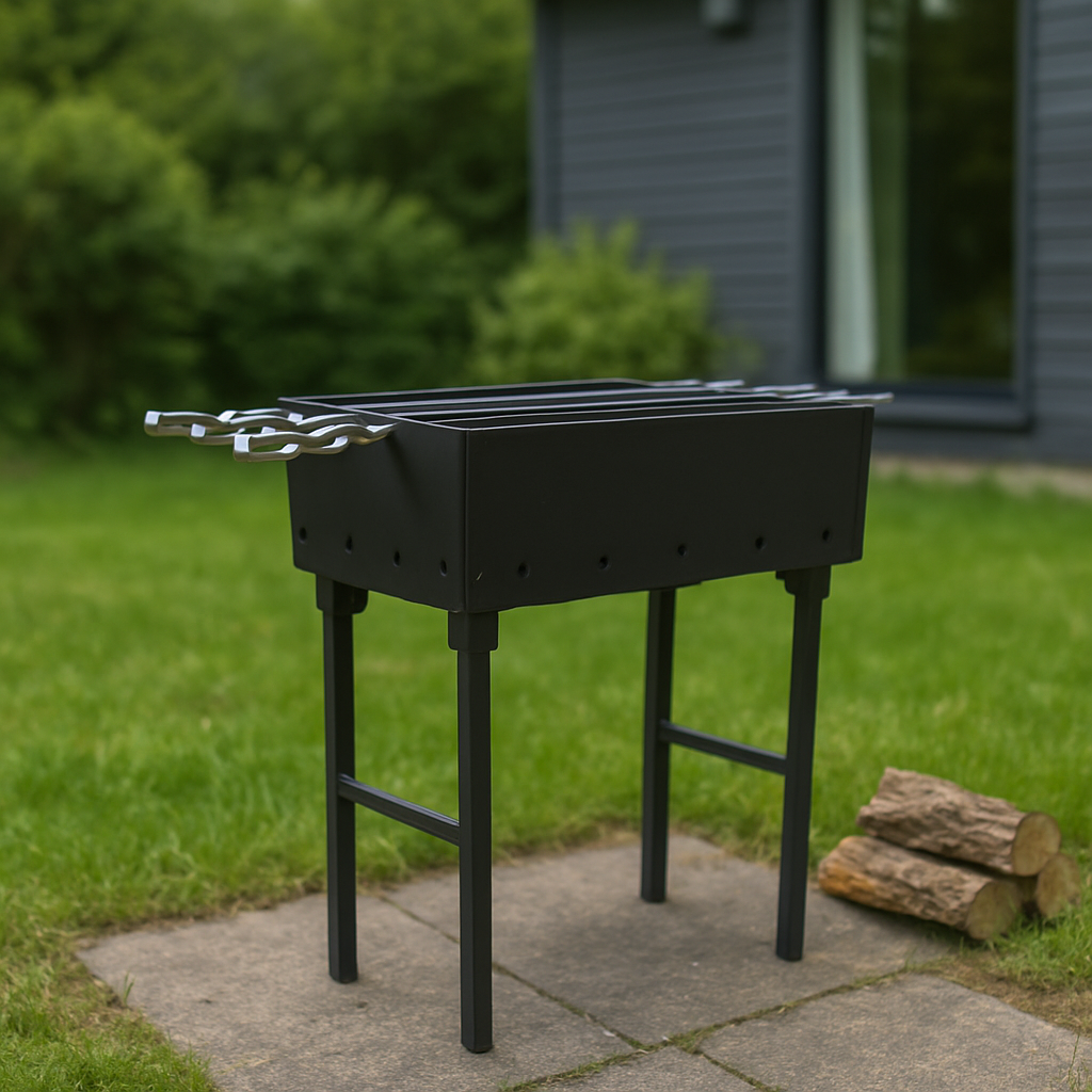 GOROCH Kompakter Schaschlikgrill für 4 Spieße – Mini Holzkohlegrill aus 2 mm Stahl, zerlegbar mit abnehmbaren Beinen, ideal für Picknick, Camping & Urlaub, hitzebeständig pulverbeschichtet