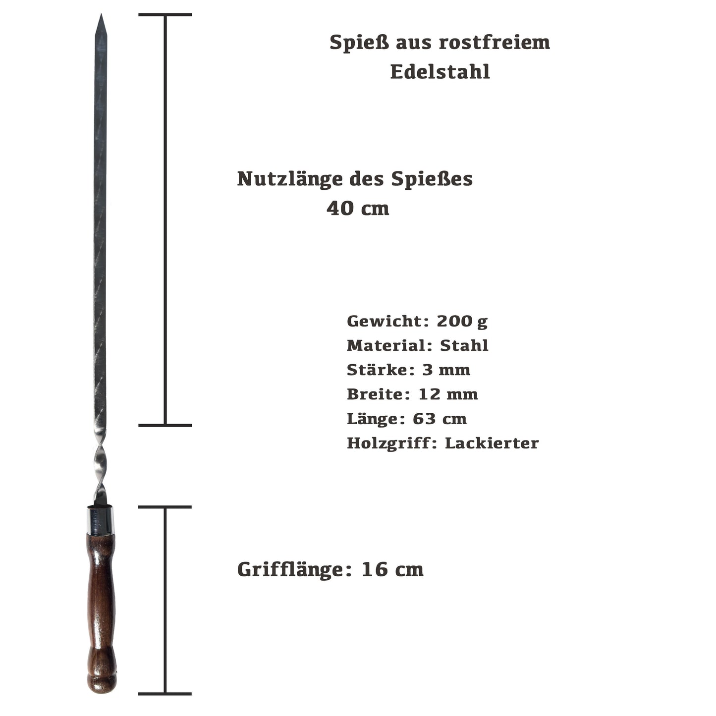 GOROCH Premium Schaschlikspieße aus Edelstahl – 63 cm Grillspieße mit lackiertem Holzgriff, 3 mm stark, doppelt versiegelt, rostfrei, ideal für BBQ, Kebab, Gemüse & Fleisch