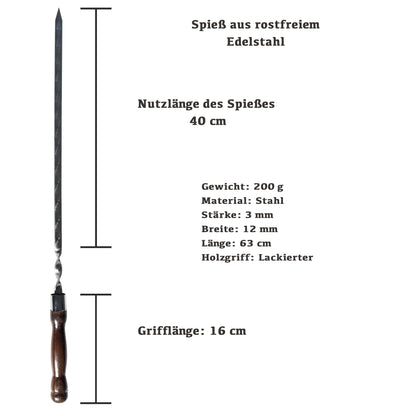 GOROCH Premium Schaschlikspieße aus Edelstahl – 63 cm Grillspieße mit lackiertem Holzgriff, 3 mm stark, doppelt versiegelt, rostfrei, ideal für BBQ, Kebab, Gemüse & Fleisch